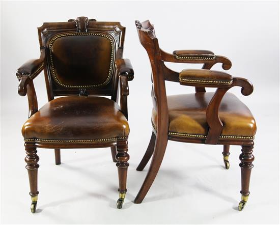 Pair of Victorian mahogany brass studded leather open armchairs(-)